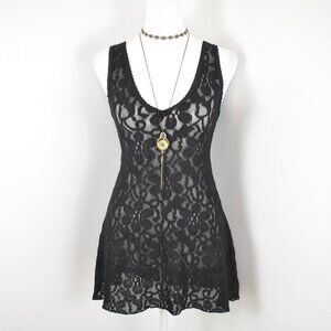 VTG 00s Y2K Black Floral Sheer Mesh Lace Scoop Neck Babydoll Slip Tank Top Sz M